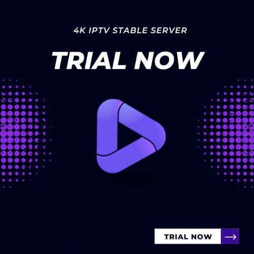 Advertisement banner for a 4K IPTV stable server trial with a triangular play button logo in the center and text reading 'TRIAL NOW.' The design has a dark background with purple dots on the sides.